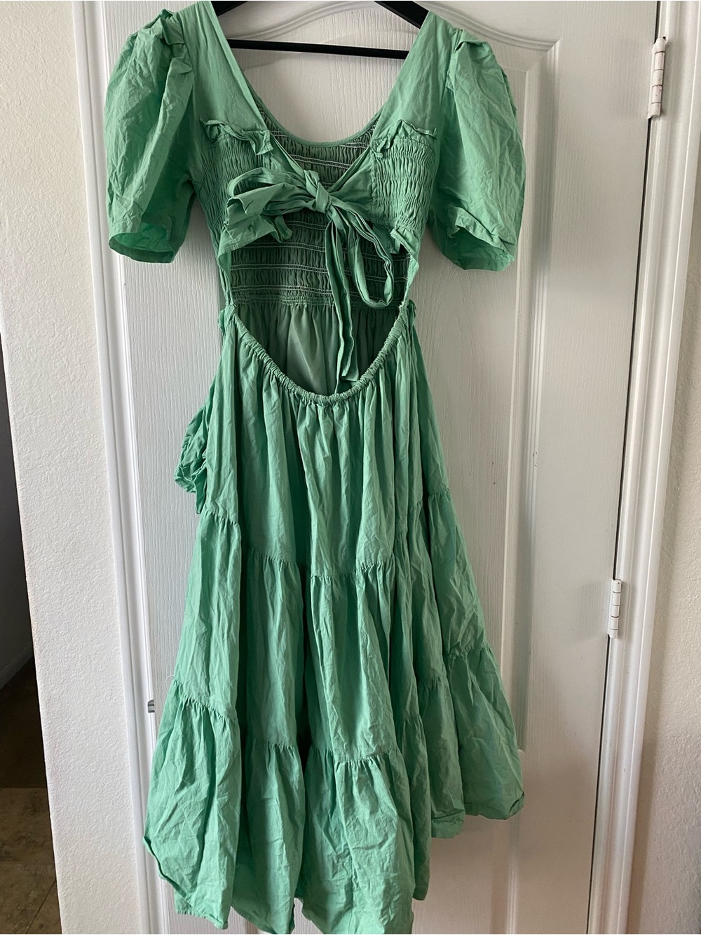 &Merci Sage Green Smocked Open Tie Back Tiered Puff Sleeve Coquette Midi Dress S - Picture 10 of 14